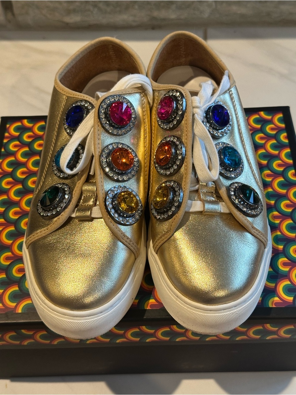 Kurt Geiger London Women’s Gold Embellished Rhinestone Lace-Up Sneakers Size 9.5